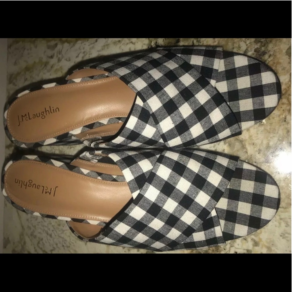 J McLauglin Tribeca Blk gingham sandal 10M Heel